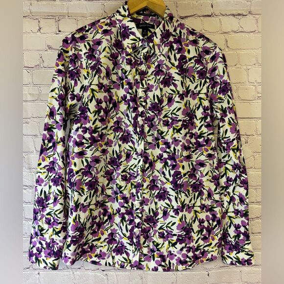 Lands End Purple Yellow Floral Cottagecore Button Up No Iron Supima Blouse 10 - Picture 1 of 8